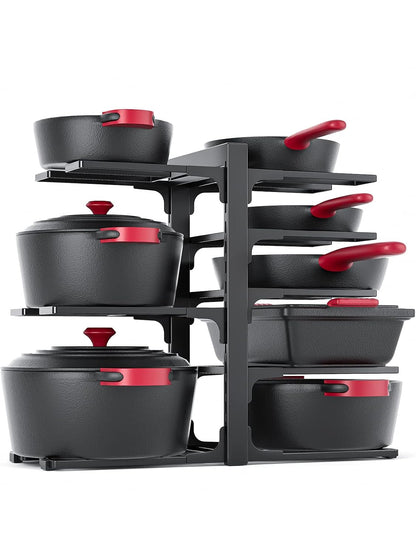 MUDEELA 8-Tier Heavy Duty Pots and Pans Organizer under Cabinet, Black | Adjustable 15.83" H pot rack, pan organizer Holds big stockpots, Cast Iron Skillet and cookware for use inside cabinets