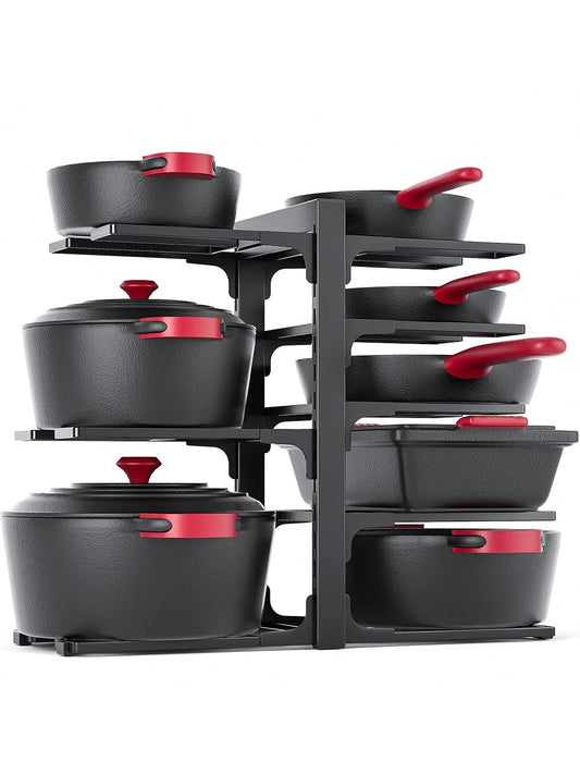 MUDEELA 8-Tier Heavy Duty Pots and Pans Organizer under Cabinet, Black | Adjustable 15.83" H pot rack, pan organizer Holds big stockpots, Cast Iron Skillet and cookware for use inside cabinets