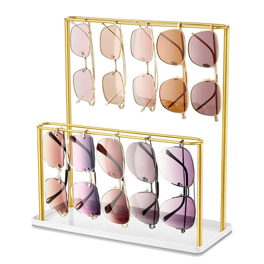 Sunglasses Organizer Glasses Holder Stand with Tray, Eye Glasses Display, 2 Tier Sunglass Storage Rack for Multiple Glasses, for Desk, Nightstand, Dresser, Vanity, Metal, Gold