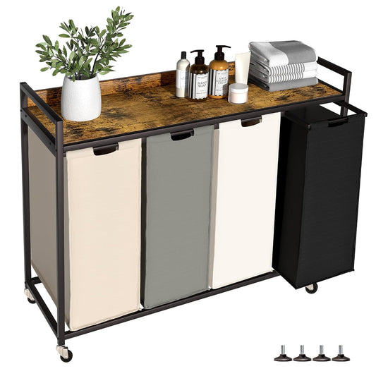 Laundry Hamper with Shelf, Laundry Basket 4 Sectio...