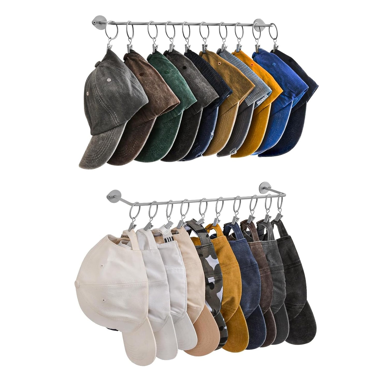 Viklluyr Hat Rack Baseball Cap Wall Organizer - Closet Hats Holder with 20 Hooks - Metal Caps Storage Wall Mounted Hat Hanger Set of 2 for Closet Door Bedroom Entryway Laundry(Grey)