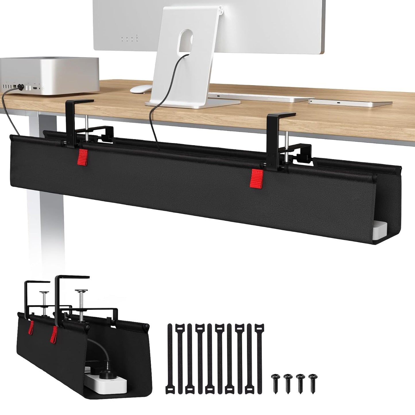 Univivi No Drill Under Desk Cable Management Tray, 36 inch Cable Management | Clamp/Screw Mount Desk Cable Management, Premium Fabric Cable Management Tray, Large Capacity Cord Organizer for Office, Home