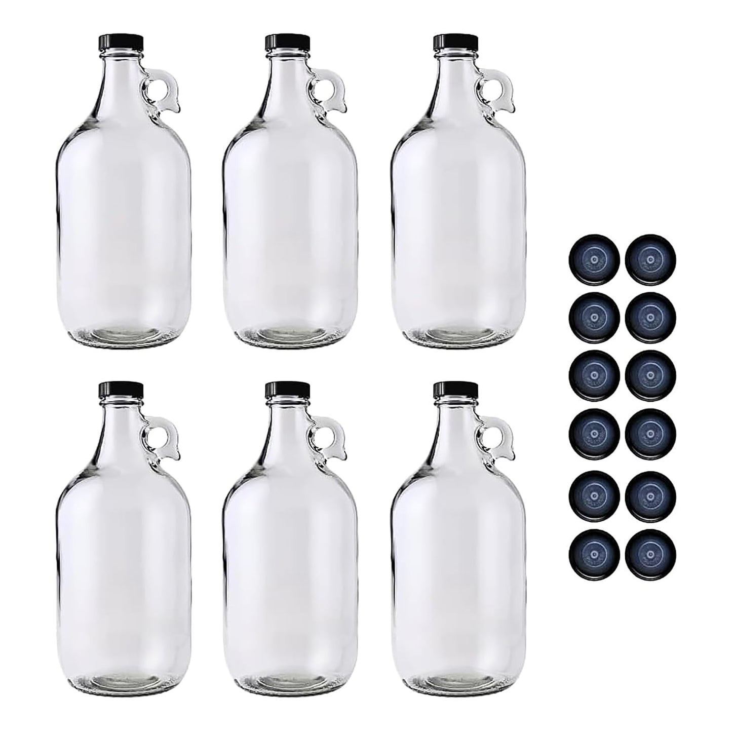 6-Pack Half-Gallon Glass Jug Set (64 oz) w/12 Poly... (6 Count | Clear | Glass)
