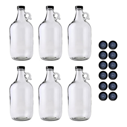 6-Pack Half-Gallon Glass Jug Set (64 oz) w/12 Poly... (6 Count | Clear | Glass)