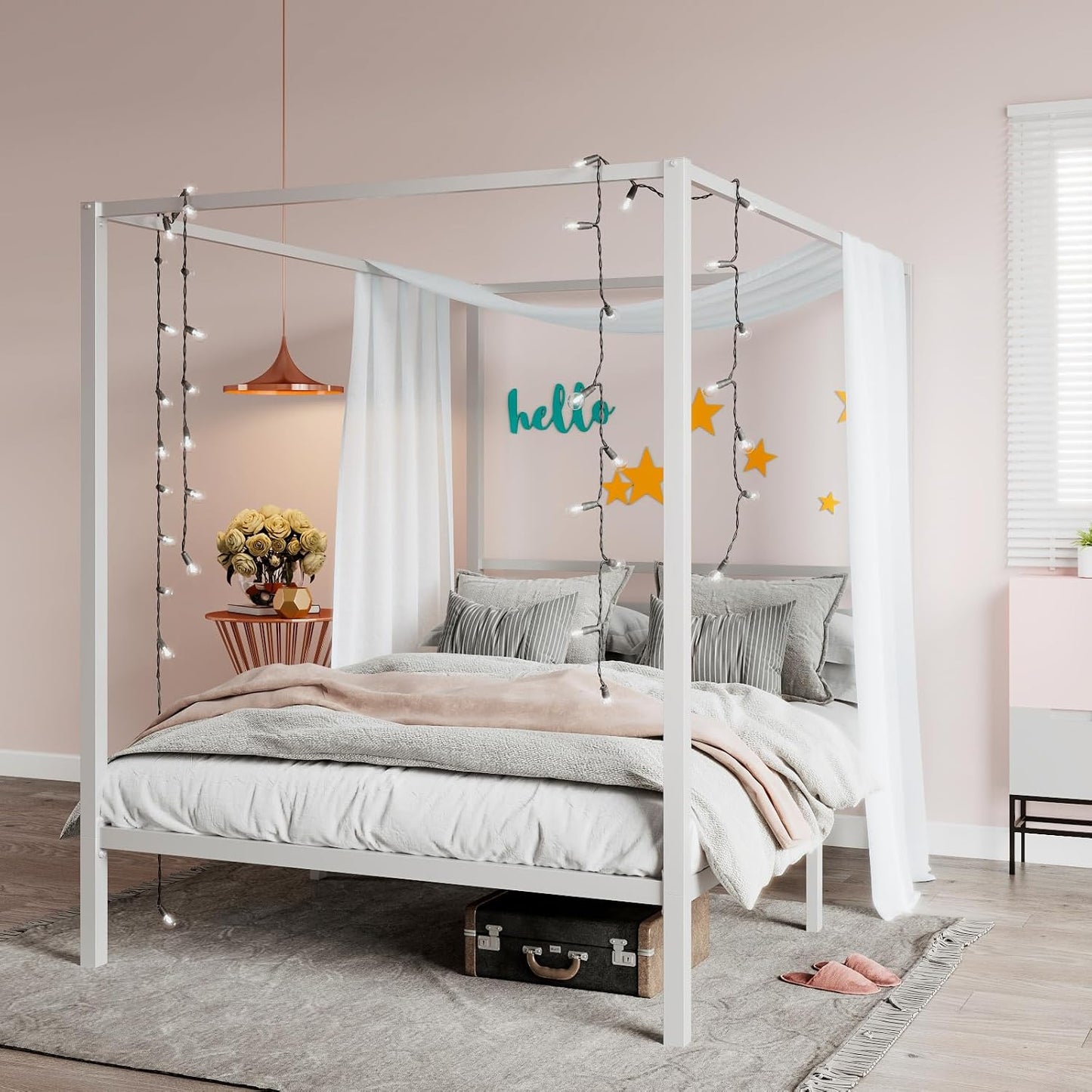 SHA CERLIN Full Size Canopy Bed Frame with Heavy Duty Metal Slats, White