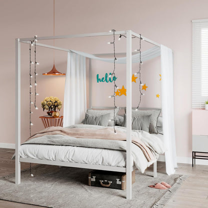 SHA CERLIN Full Size Canopy Bed Frame with Heavy Duty Metal Slats, White