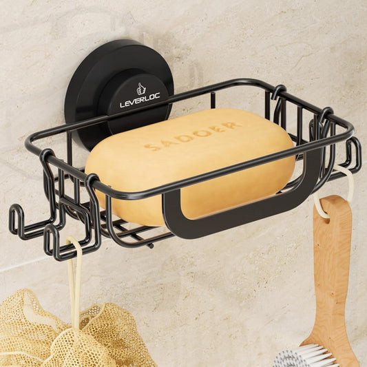 Bar Soap Holder for Shower with Hooks, Suction Cup... (Black)