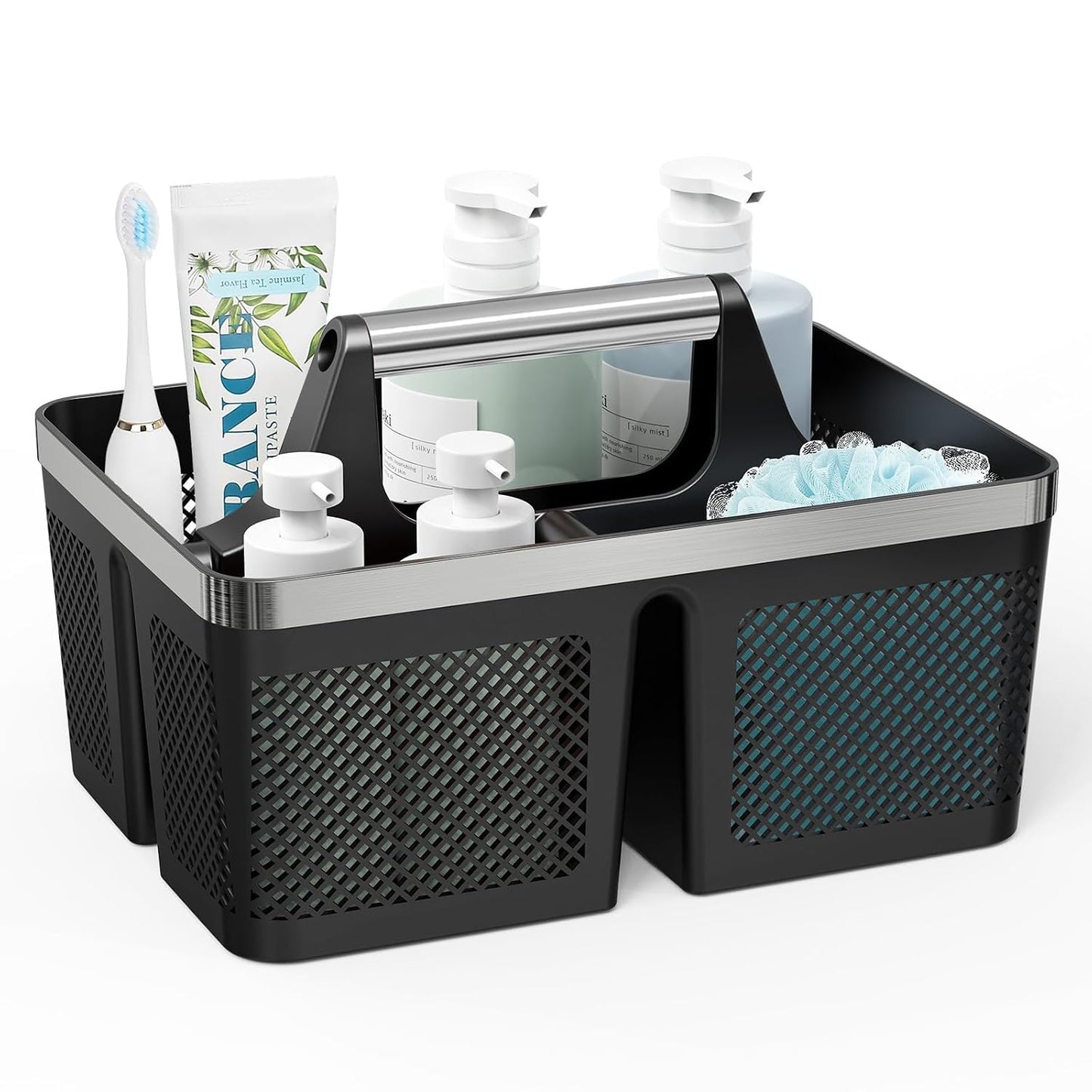 Black Shower Caddy Portable: Plastic Bathroom Caddy Organizer with Handle and Holes, Cleaning Caddy, Hard Shower Basket Storage Tote for Toiletry, College Dorm Room Essentials for Men