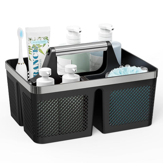 BYUNER Black Shower Caddy Portable: Plastic Bathroom Caddy Organizer with Handle and Holes, Cleaning Caddy, Hard Shower Basket Storage Tote for Toiletry, College Dorm Room Essentials for Men