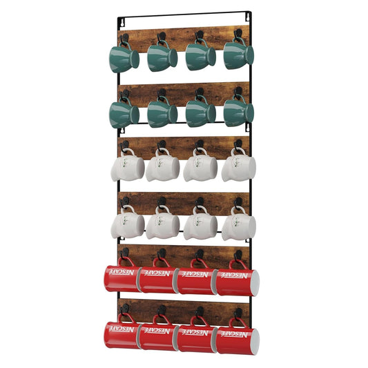 IBUYKE Coffee Mug Holder Wall Mounted,Set of 3,24 Hooks,Brown TBJ005H-3 | Mug Racks for Wall Rustic Wood Coffee Mug Rack Display Organizer for Kitchen Home Bar Coffee Station