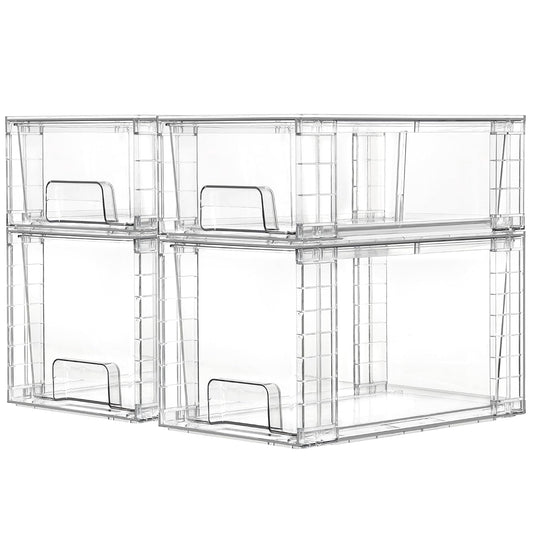 Vtopmart Clear Stackable Storage Drawers, 4 Pack Kitchen Cabinet Set | Medium and Small Pull-Out PET Drawers with Stackable Design for Kitchen Cabinets, Pantry, Under Sink, Medicine