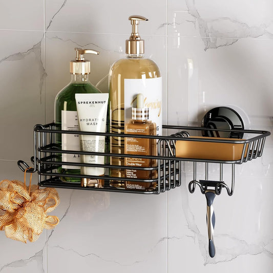 TAILI Shower Caddy Suction Cup with Hooks and Soap holder, Black | Heavy Duty Shower Organizer, No Drilling Bathroom Holder, Metal Storage Basket