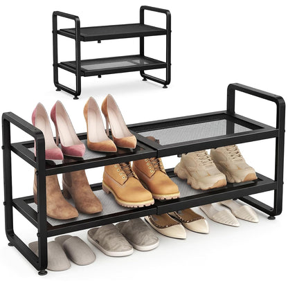SAYZH Expandable Shoe Rack for Closet, Adjustable Metal Shoe Organizer with Sturdy Mesh Shelves for Boots & Heels, Stackable Shoe Storage for Entryway, Garage, Small Spaces (Black, 2-Tier)