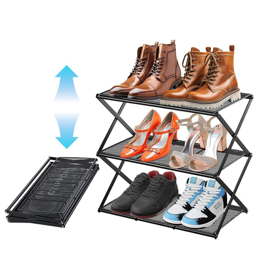 Small Shoe Rack for Entryway - 3 Tier Shoe Organizer Metal Foldable Shoes Storage Rack, Zero Tool Install, Sturdy Shoe Rack for Closet, Front Door Entrance, Living Room - Space Saving, Black