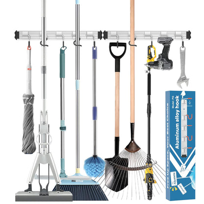 Mop and Broom Holder Wall Mount Garden Tool Rack Organizer | Modern Style, Movable Aluminum Alloy Wall Mounted Hook, Storage Gift for Bathroom, Closet, Laundry Room, Garage, Tool Room