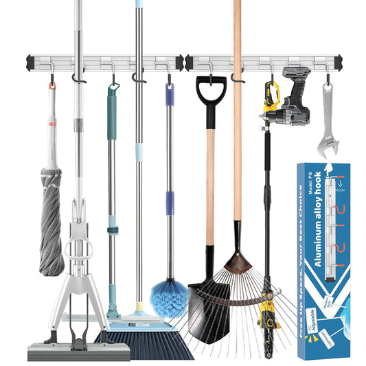 Mop and Broom Holder Wall Mount Garden Tool Rack Organizer | Modern Style, Movable Aluminum Alloy Wall Mounted Hook, Storage Gift for Bathroom, Closet, Laundry Room, Garage, Tool Room