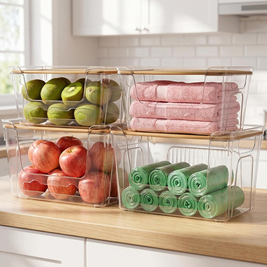 Plastic Trash Bag Dispenser with Lids, Stackable, 4Pack, 2XL+2S | Clear Trash Bag Organizer for Kitchen, Laundry Room, Under Sink Organization and Storage