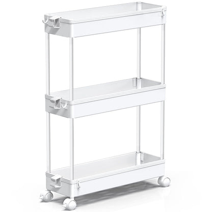 SPACEKEEPER Slim Rolling Storage Cart, 3 Tier Bathroom Cart Organizer,White | Narrow Rolling Cart with Wheels for Kitchen Office Bathroom Laundry Room,Mobile Utility Cart for Craft Art Makeup Nail Polish