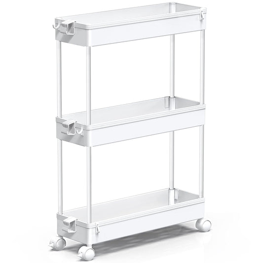 SPACEKEEPER Slim Rolling Storage Cart, 3 Tier Bathroom Cart Organizer,White | Narrow Rolling Cart with Wheels for Kitchen Office Bathroom Laundry Room,Mobile Utility Cart for Craft Art Makeup Nail Polish