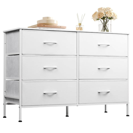 Dresser for Bedroom with 6 Fabric Drawers, White (White)