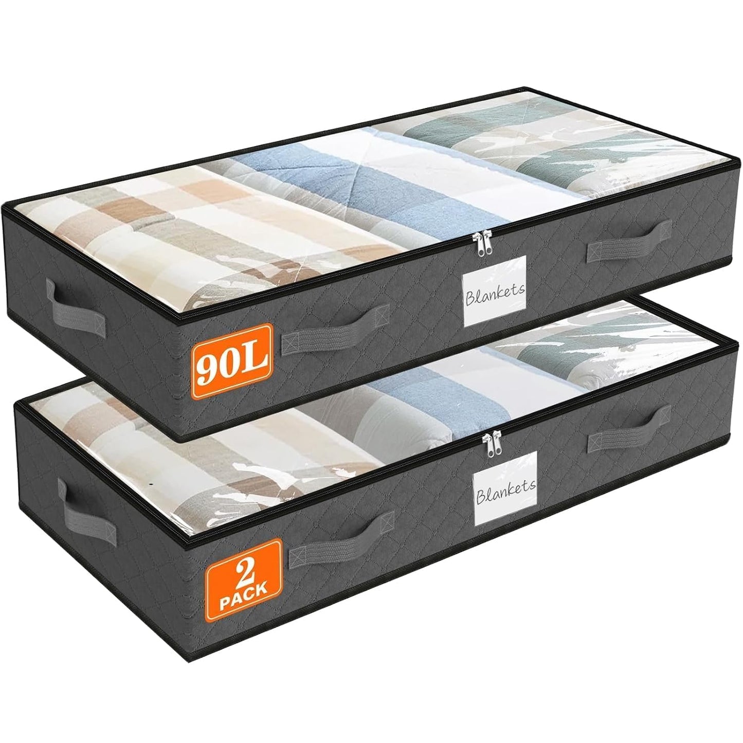 90L Under Bed Storage Containers, Storage Bags, Organizers, 2-Pack, Gray | Foldable, Soft Fabric, Closet Organizers, Reinforced Handle, Label Holder, Clear Window, for Comforters, Clothing, Blankets