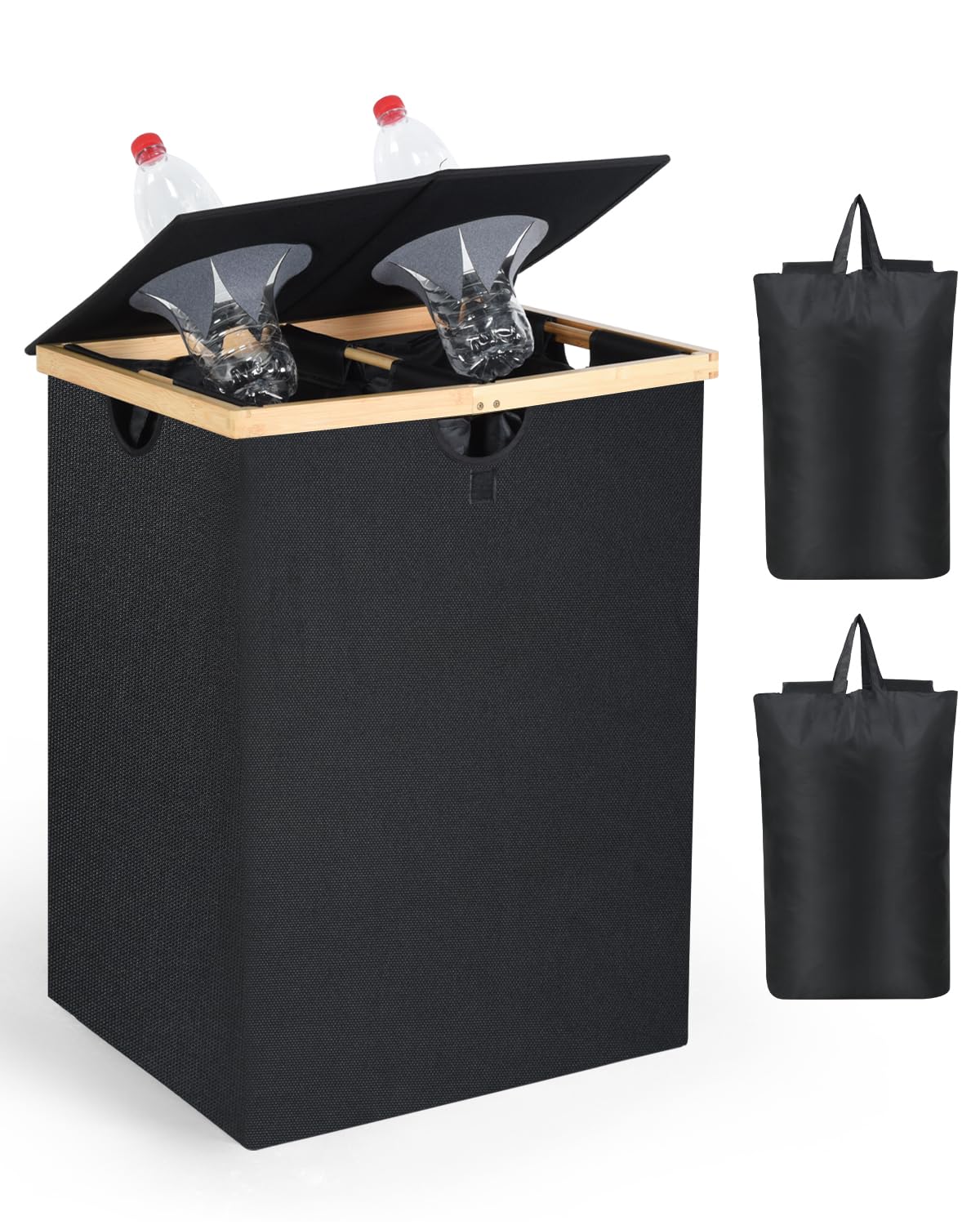 140L Recycling Bin for Kitchen, 2 Compartments Lar... (Black)