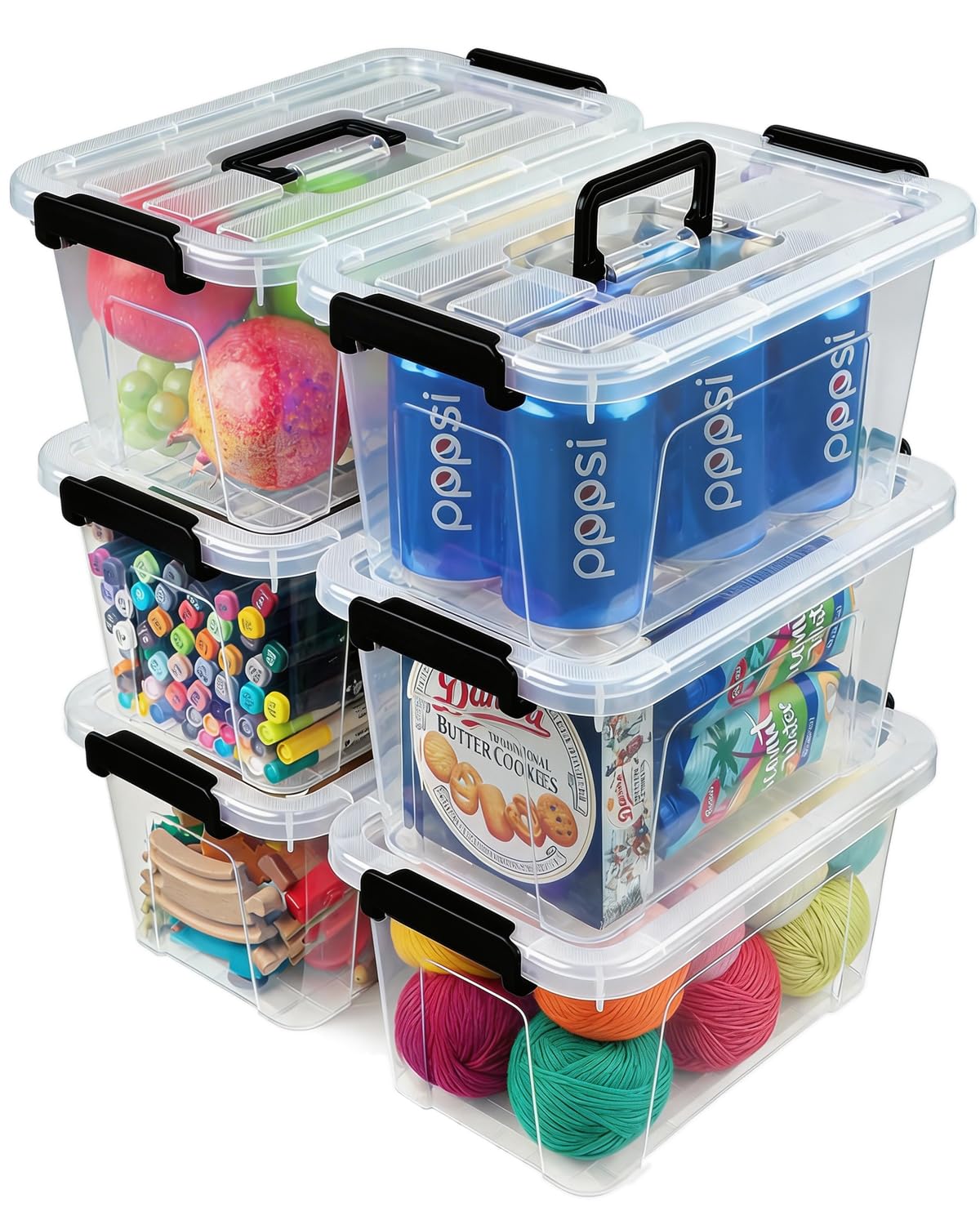 Plastic Storage Bins with Lids 6 Pack Storage Organizer, 7 Quart Stackable Storage Boxes with Buckle Lids and Handle easy for Home Office Pantry Organization, Clear