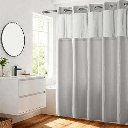 River Dream Waffle No Hook Shower Curtain with Liner,Light Grey,71x74 | Dotted Waffle,Snap-in Liner,Heavy Duty,Quick Dry,Mesh Top Window,With Bottom Magnets,Hotel-Grade,Washable,Standard Size