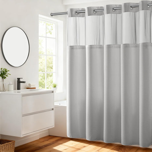 River Dream Waffle No Hook Shower Curtain with Liner,Light Grey,71x74 | Dotted Waffle,Snap-in Liner,Heavy Duty,Quick Dry,Mesh Top Window,With Bottom Magnets,Hotel-Grade,Washable,Standard Size