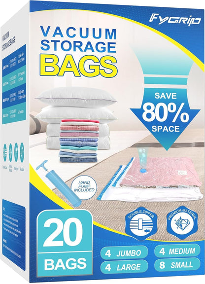 Vacuum Storage Bags with Hand Pump, Plastic Packaging Bags, 80% Space Saver Vacuum Seal Bags for Clothing, Travel Lugggage, Blankets, Comforters, 20 Combo