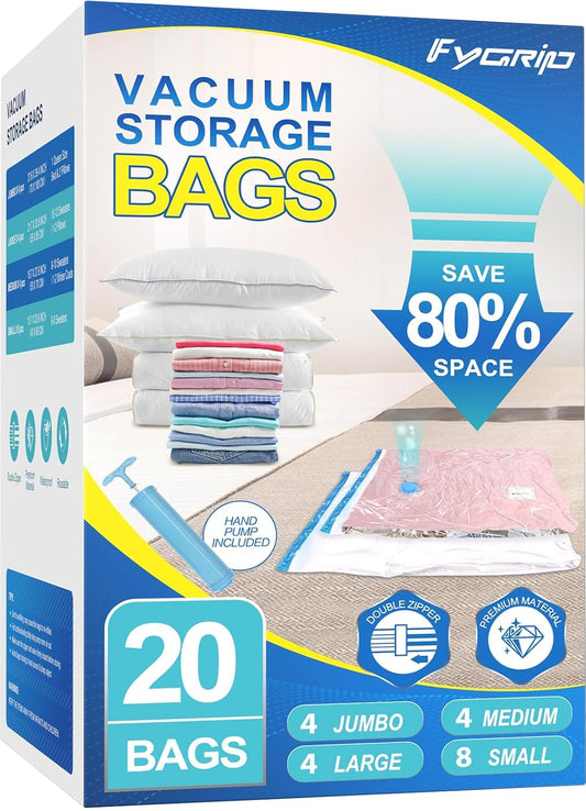 Vacuum Storage Bags with Hand Pump, Plastic Packaging Bags, 80% Space Saver Vacuum Seal Bags for Clothing, Travel Lugggage, Blankets, Comforters, 20 Combo
