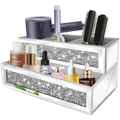 Mirror Hair Dryer Holder Upgrade Crystal Crush Diamond Hair Tool Organizer Wall Mount. Silver Bathroom Cabinet Tray for Blow Dryers, Hairdryer Straightener, Makeup,Brushes .(10.5”x7”x5”)