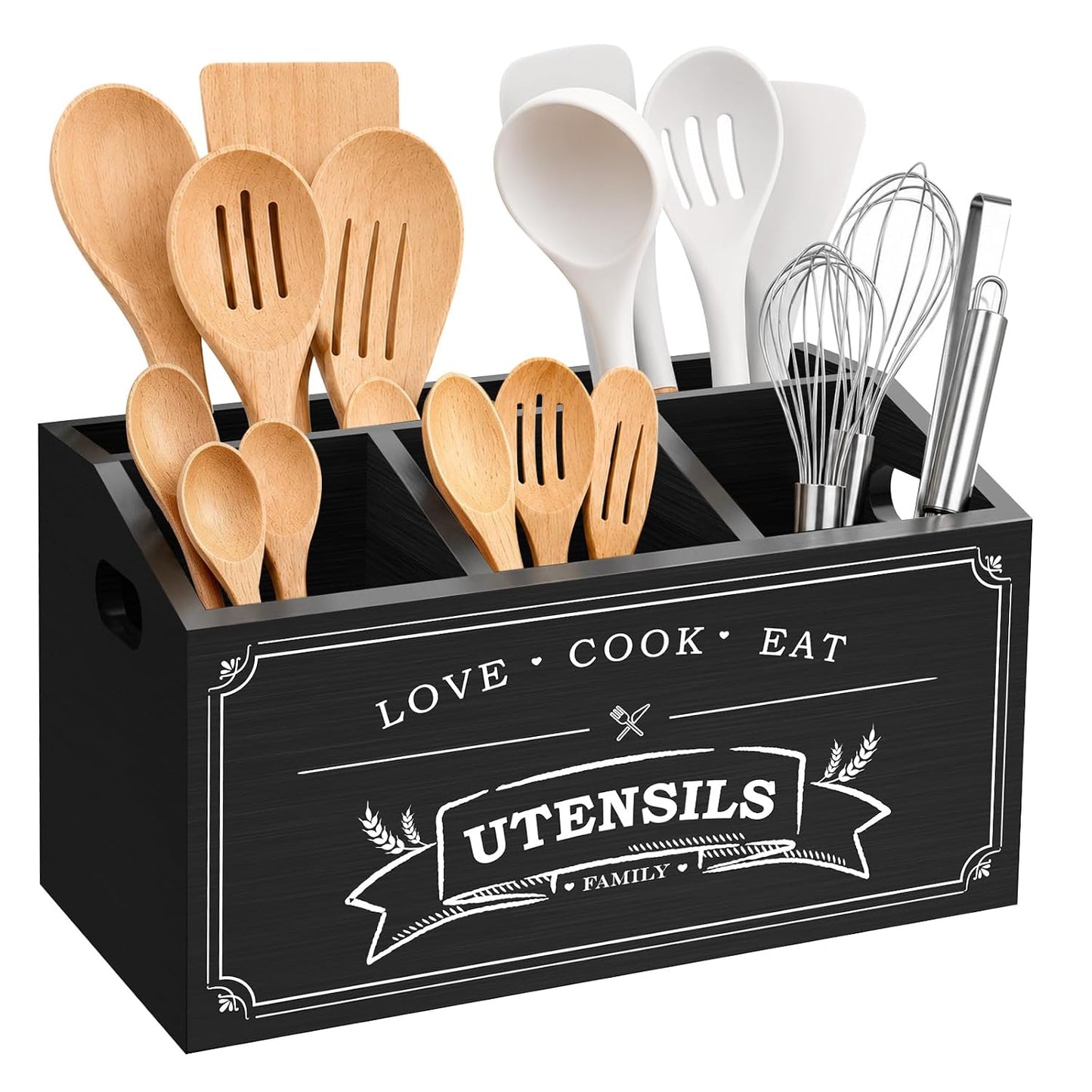 Black Kitchen Utensil Holder With 5 Compartments F... (Black | Pine Wood)