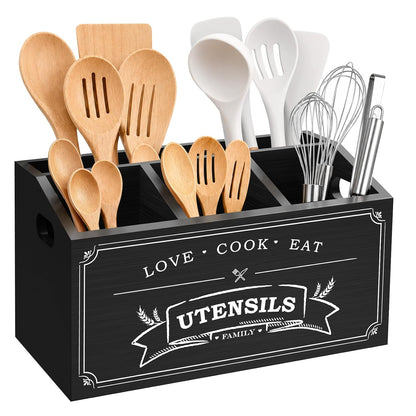 Black Kitchen Utensil Holder With 5 Compartments F... (Black | Pine Wood)