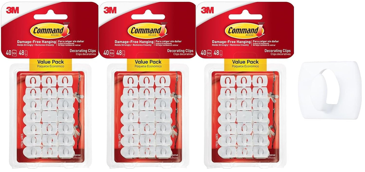 Command Decorating Clips, 40 Clips and 48 Strips, Damage-Free Hanging Light Clips with Adhesive Strips, No Tools Small Wall Clip for Hanging Lights and Cables (Pack of 3)