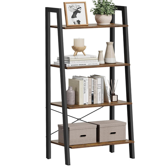 VASAGLE BARNET Collection - Ladder Shelf, Bookshelf, Storage Rack, Modern Bookcase for Living Room Home Office Kitchen, Steel Frame, 4-Tier, 22-Inch Wide, Rustic Brown and Ink Black ULLS44X
