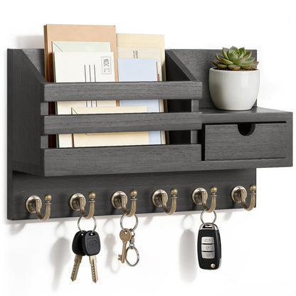 FifthQuarter Key and Mail Holder Wall Mount with Drawer and 6 Sturdy Hooks | Wooden Entryway Organizer and Decorative, Easy Installation