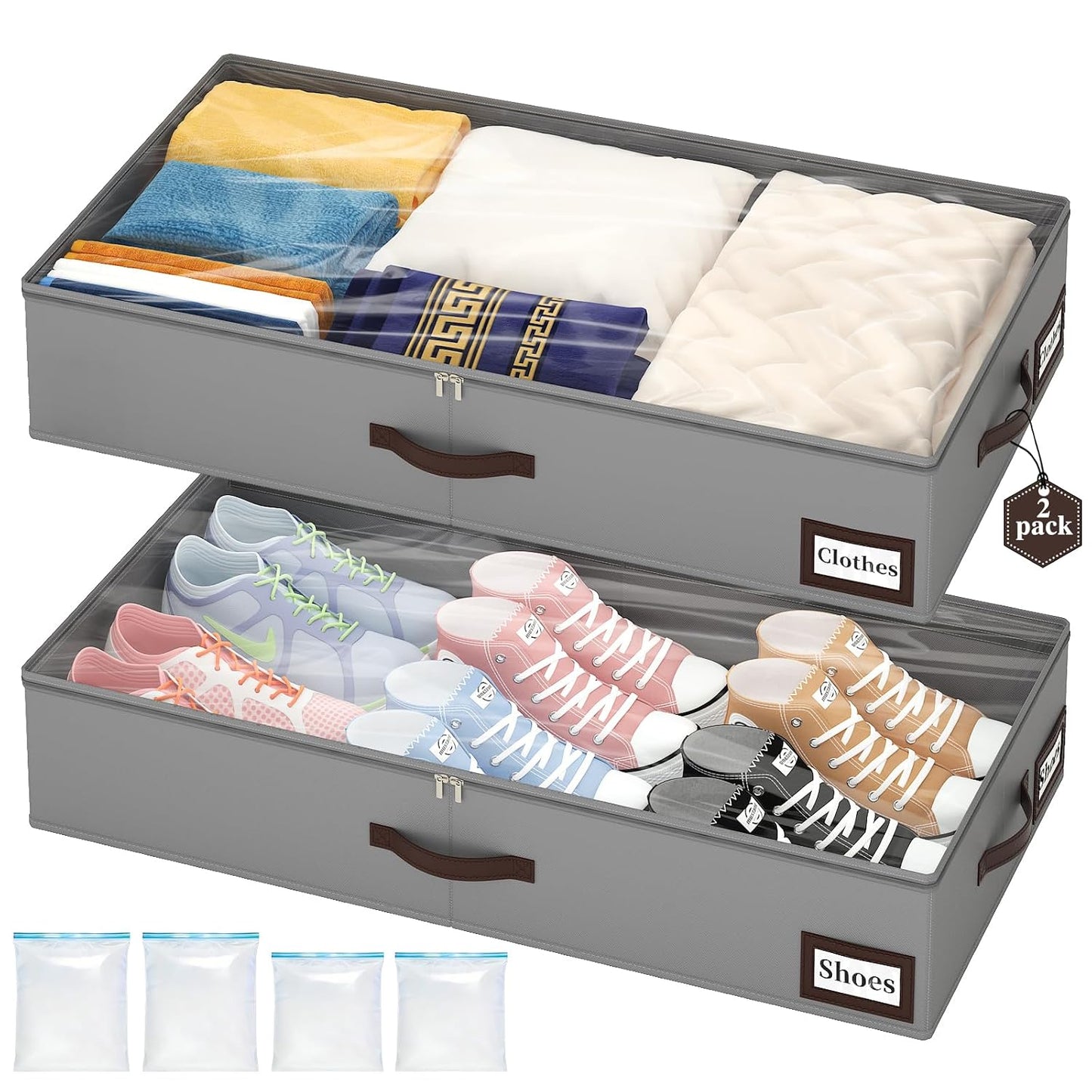 OIAHOMY 2 Pack Under Bed Storage with Handles, Underbed Container for Bedroom & Closet, Fits Beds Higher than 6", Under the Bed Storage for Seasonal Clothes, Blankets & Shoes - Grey