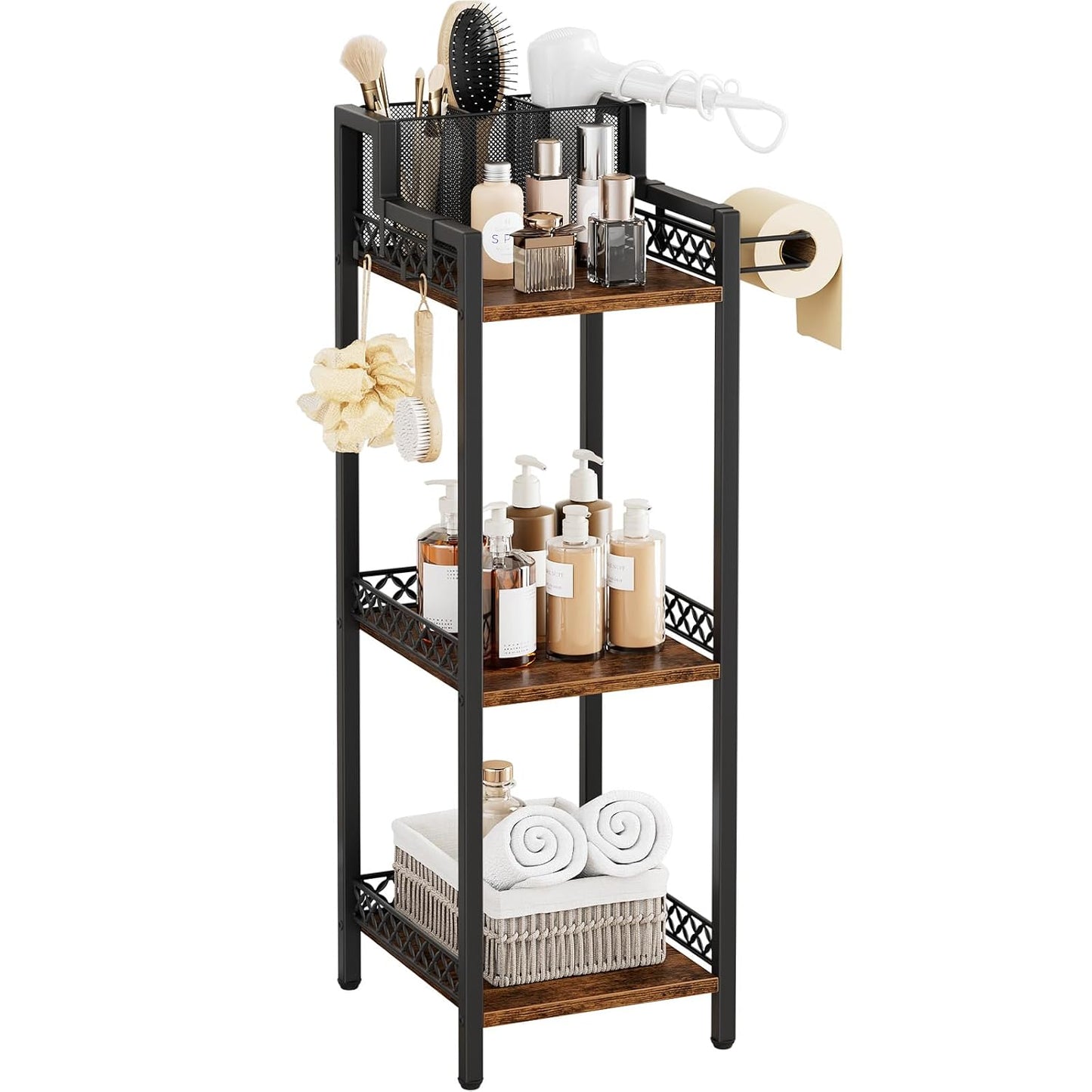 Slim Bathroom Storage Shelf Unit, Makeup Organizer for Small Spaces | 3 Tier Rustic Makeup Organizer for Cosmetic and Skincare, Space Saving Standing Shelves for Bathroom,Bedroom,Kitchen,Laundry