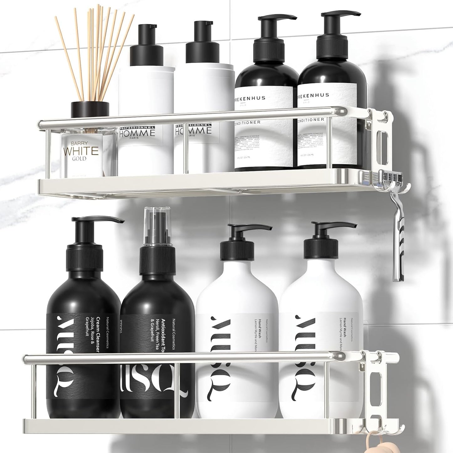 Shower Caddy Adhesive, Rustproof Shower Organizer, Large Capacity Shower Shelves for Inside Shower, No Drilling Bathroom Organizers and Storage for Home Decor （2 Pack Silver）