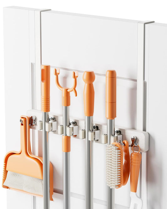 Mop and Broom Holder Wall Mount, No Drill Over the Door, White | 4 Slots & 4 Hooks, No Drill Setup, Wood and Metal Build, EVA Protection Pads, Secure Grip, Laundry Garage Closet Kitchen Use