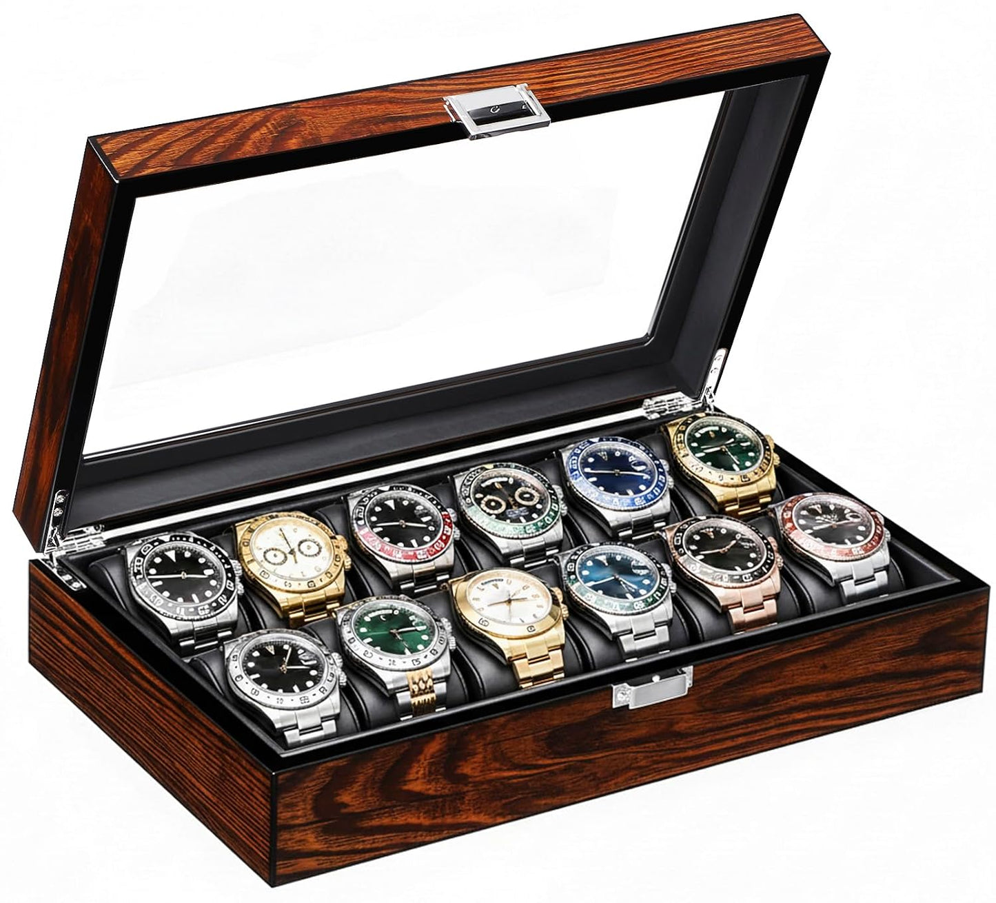 BEWISHOME Watch Case, 12-Slot Watch Box Organizer with Large Glass Lid | Watch Cases for Men, Wooden Watch Boxes, Removable Watch Pillows, Watch Storage, Synthetic Leather Interior, Brown SSH12Y