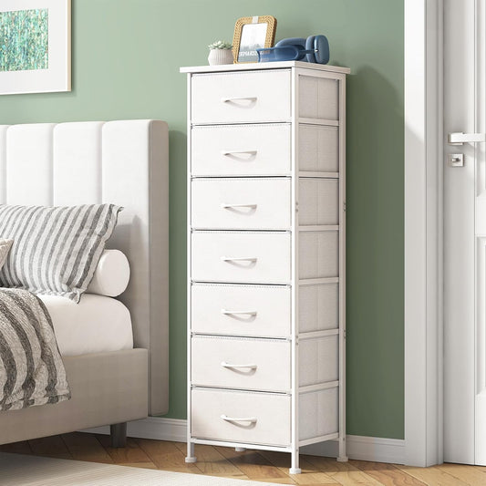 Fixwal Tall Narrow White Dresser for Bedroom, Storage Dresser Organizer in Closet with 7 Fabric Drawers, Nightstand for Dorm