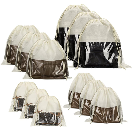 Shappy 12 Pcs Dustproof Drawstring Bags Purse Dust Storage Bags for Handbags Covers Non Woven Fabric Cloth Pouch String Packing Organizer Shoe Pouch(Assorted Sizes,Beige)