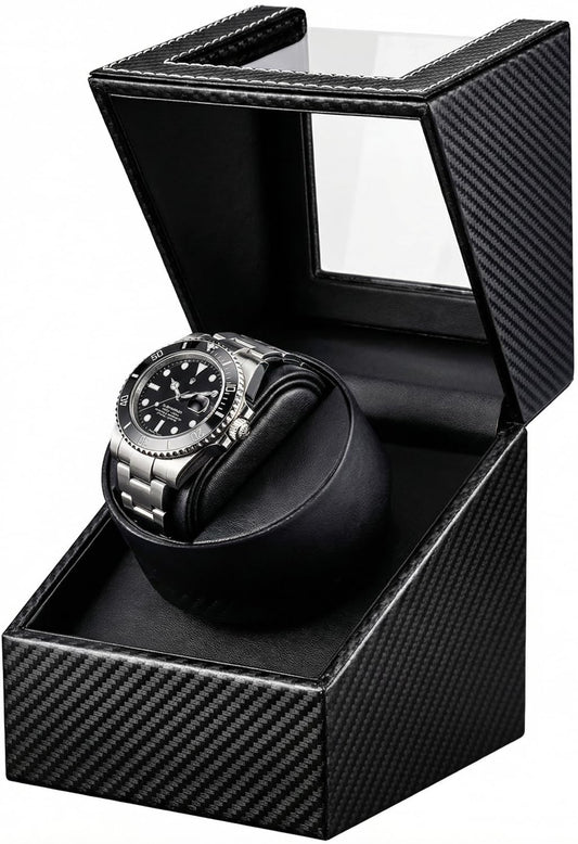 Watch Winder for Automatic Watches: Single Watch Winder Box | Rotating Watch Case with Quiet Japanese Motor - Storage Display Box for Men (Black Carbon Fiber)