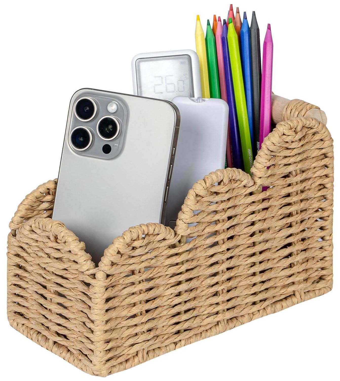 CubesLand Bedside Table Desk Organizer Caddy, Remote Pen&Pencil Holder Cup | Makeup Brush Holder w/Scalloped Perfect for Home, Office Desk, Living Room Table Decor, 3 Slots Beige