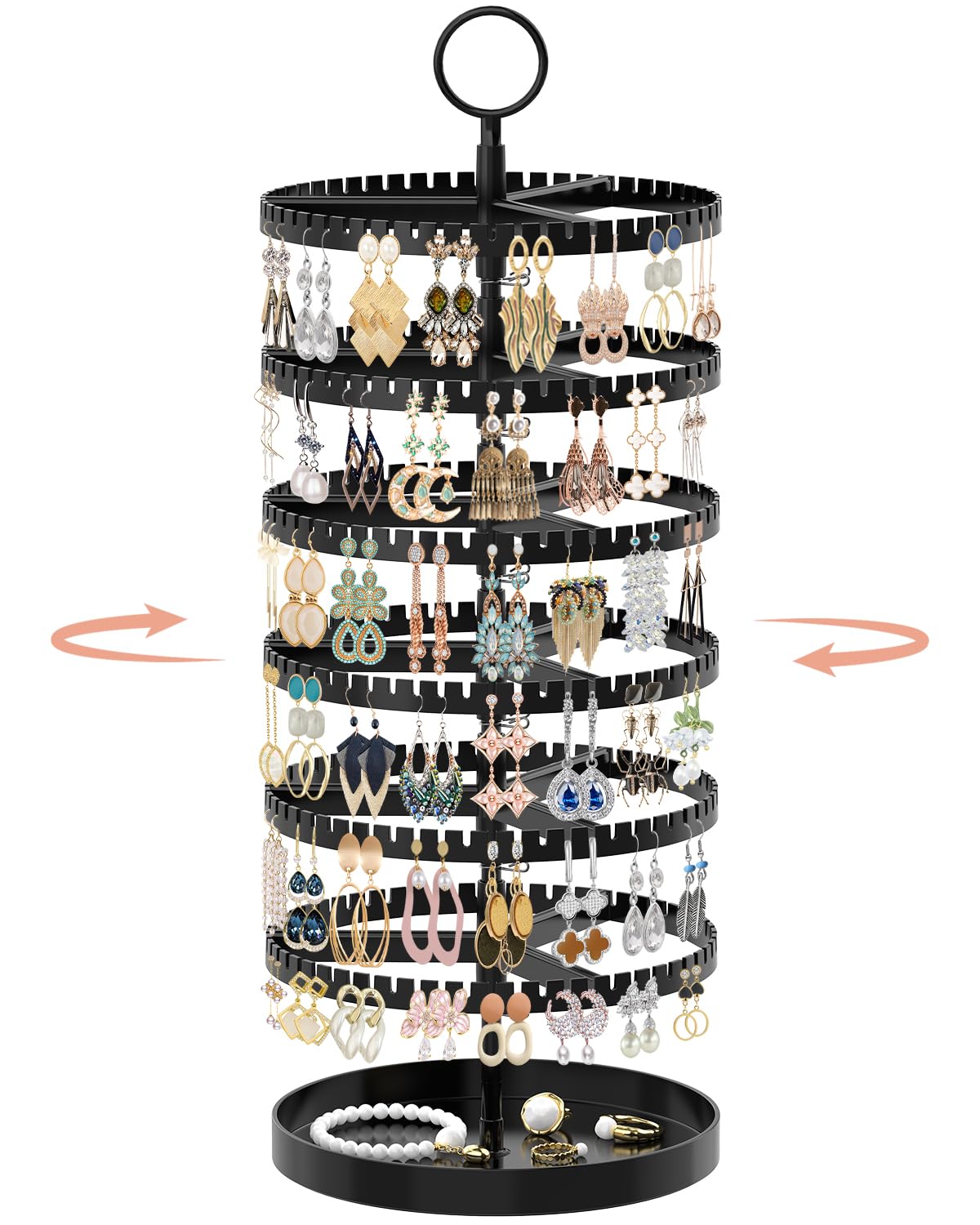 iDavosic.ly 6 Tier Rotating Earring Holder Organizer, Metal Tray, Black | Space Saving Display Stand Tree, Large Capacity Storage Rack with 342 Plastic Grooves, Adjustable for Long Dangle Hoop & Stud