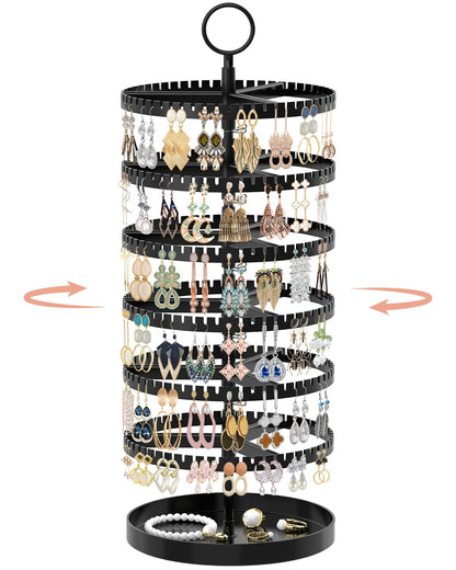 iDavosic.ly 6 Tier Rotating Earring Holder Organizer, Metal Tray, Black | Space Saving Display Stand Tree, Large Capacity Storage Rack with 342 Plastic Grooves, Adjustable for Long Dangle Hoop & Stud