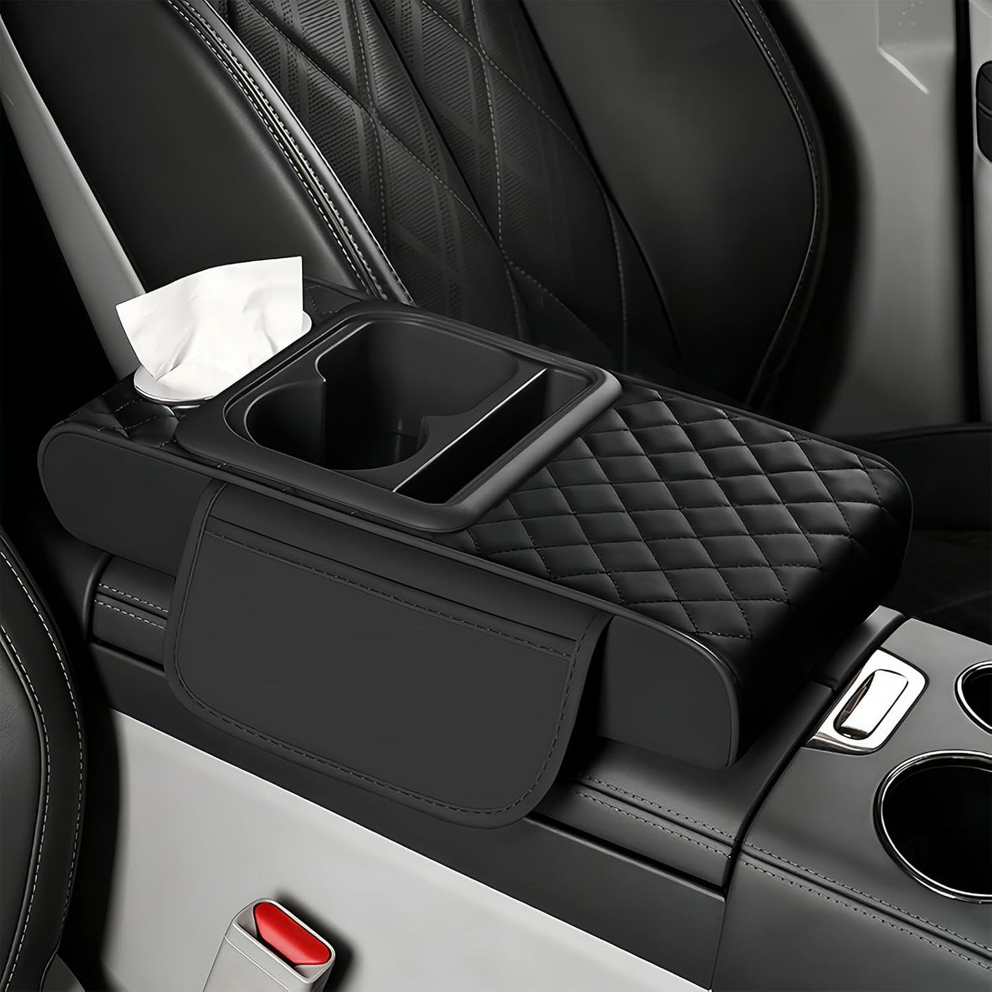 Upgraded 5 in 1 Car Center Console Cover, Leather Car Armrest Cushion with Side Storage Bags, Cup Holder, Tissue Box and Phone Stand, Universal Interior Accessory for Most Vehicles