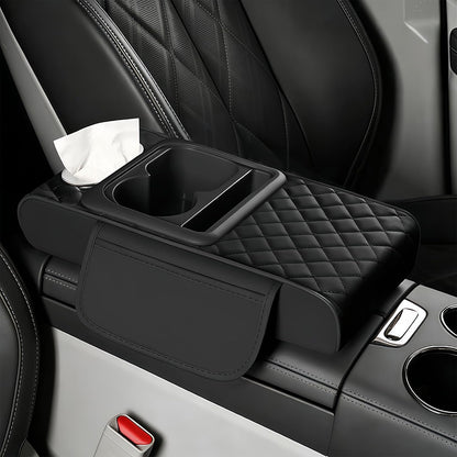 Upgraded 5 in 1 Car Center Console Cover, Leather Car Armrest Cushion with Side Storage Bags, Cup Holder, Tissue Box and Phone Stand, Universal Interior Accessory for Most Vehicles